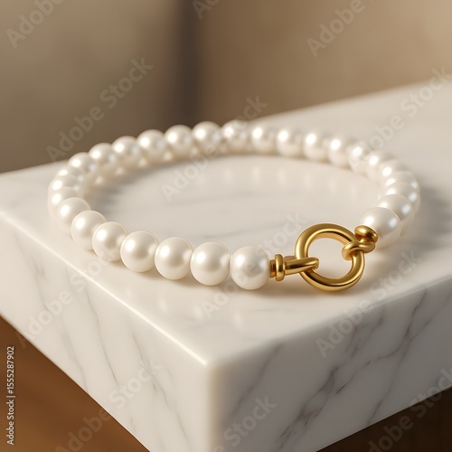 Pearl Choker with Gold Clasp on Marble