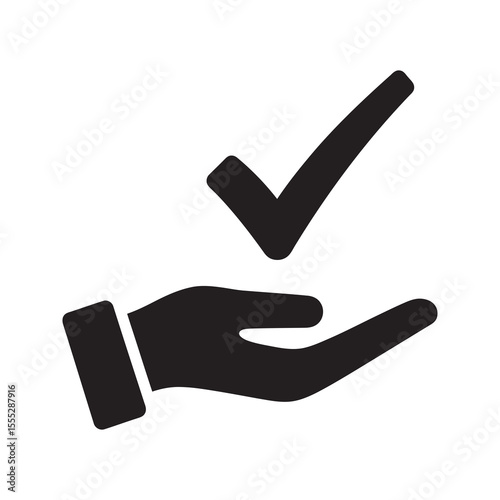 Approval icon with hand and checkmark a symbol for confirmation and acceptance of a task or quality standard a positive verification sign vector solid glyph icon
