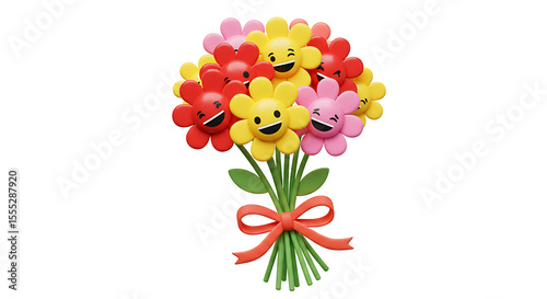 A multicolor bouquet of emoji-style flowers, including red, yellow, and pink blossoms, tied with ribbon, isolated on white.