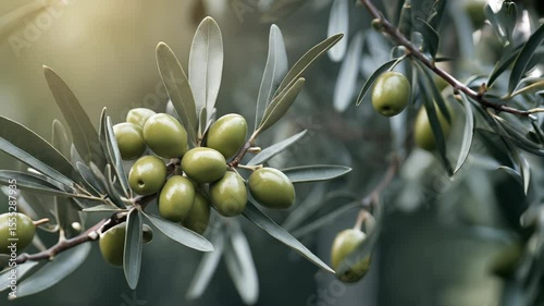 Olive tree branch laden with green olives reflecting a sunlit afternoon in a serene landscape