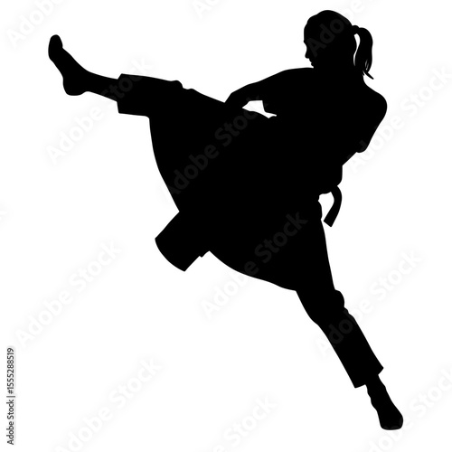 Female karate practitioner performing a kick in a silhouette style without background  