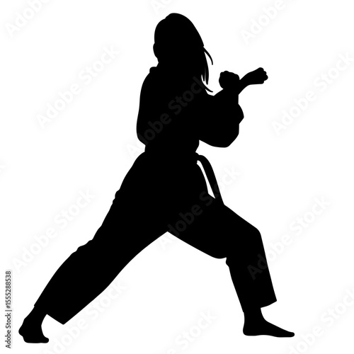Silhouette of woman practicing martial arts in action without background  