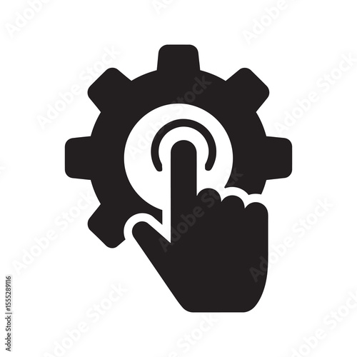 Configuration icon with hand clicking a gear a symbol for setup and customization of system settings activating a process or function vector solid glyph icon