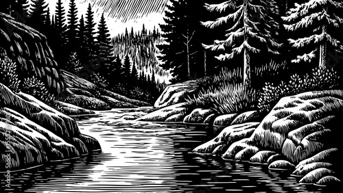 Mountain river flowing through rocky cliffs and pine trees, a black and white sketch vector hand drawn