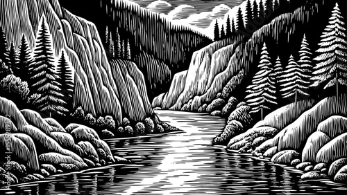 Mountain river flowing through rocky cliffs and pine trees, a black and white sketch vector hand drawn