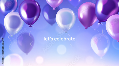 Banner with flying helium balloons. Festive background with purple balloons, bokeh effect and space for text. Design element for holiday and party celebration. Realistic cartoon vector illustration