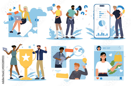 Digital and content marketing. Set of people in various activities of online social media marketing, internet advertising and e commerce. Flat vector illustration collection isolated on background