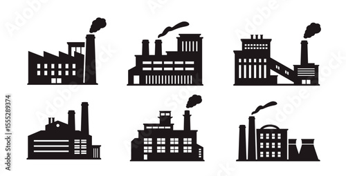 Factory icon set. Industrial buildings pictograms. Dark silhouettes or stickers with manufacturing objects and chemical plants with chimneys. Flat vector illustration collection isolated on background