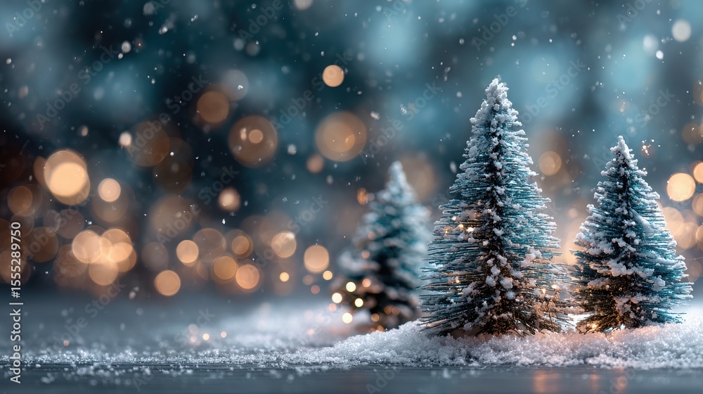 Naklejka premium Winter wonderland festive display featuring miniature Christmas trees amidst falling snow and warm, blurred lights creating a cozy Holiday atmosphere
