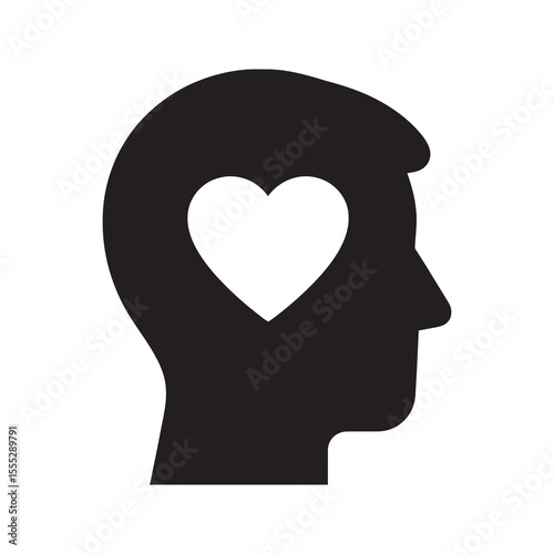 Empathy icon with a heart in a human head representing compassion mental wellness and a kind understanding of another person's feelings vector solid glyph icon