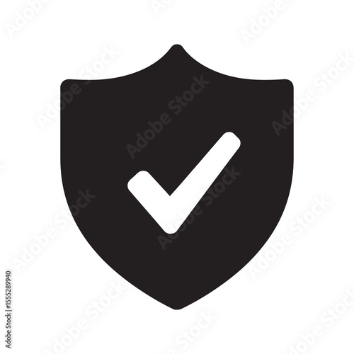 Security shield icon with a check mark for data protection representing a verified safety system and a guarantee of privacy and insurance vector solid glyph icon