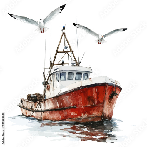 Seagulls Circling Fishing Boat, watercolor clipart vector, isolated on a white background.