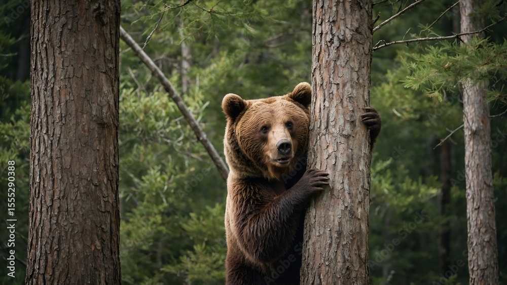 Obraz premium Brown Bear Climbing Tree in Forest Wildlife Observation Animal Habitat
