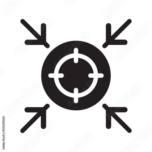 Focus icon with a target and arrows pointing inward representing concentration on a specific goal a defined objective and a narrow scope vector solid glyph icon