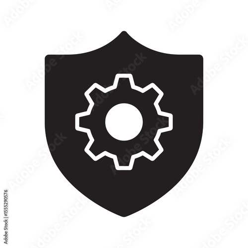 System security icon with a gear on a shield representing technical protection a secure process and a safety setting for a software application vector solid glyph icon