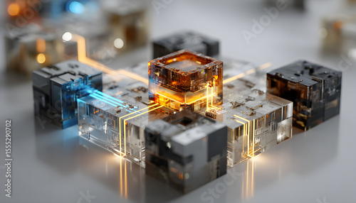 A modular quantum processor sculpture with geometric blocks interlinked by light beams, sleek design, photorealistic render, isolated on white