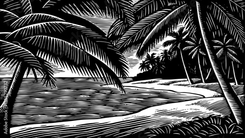 tropical beach with crystal-clear water and palm trees under the sun, a black and white sketch vector