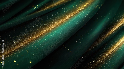 Green fabric with gold glitter creates a luxurious and festive shimmering textile background