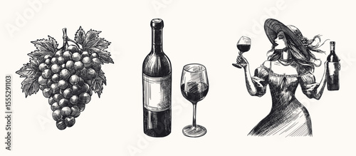 wine culture illustrations set isolated hand drawn sketch line art element with bunch of ripe grapes woman dressed in retro fashion holds wine bottle and filled wine glass