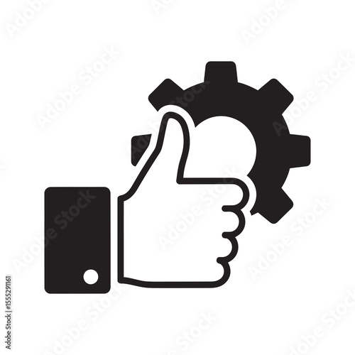 Quality approval icon with a thumbs up and a gear representing positive feedback for a successful process and excellent work on a project system vector solid glyph icon