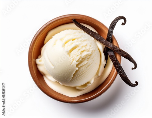 delicious vanilla ice cream served in a bowl with vanilla bean sticks for a delightful dessert experience vanilla ice cream in a bowl top view isolated on white background