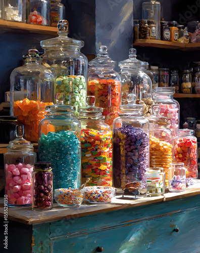Candy store with jars of colorful sweets