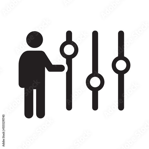 User preference icon with a person adjusting control sliders representing personal customization of settings for a better experience and management vector solid glyph icon