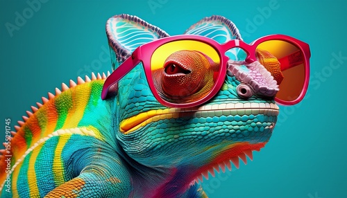 chameleon wearing sunglasses on a solid color background art digital art faceted minimal abstract panorama background transparent