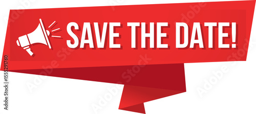 Save the Date red banner strip design with megaphone icon for announcement graphics, newsletters, or online party reminders