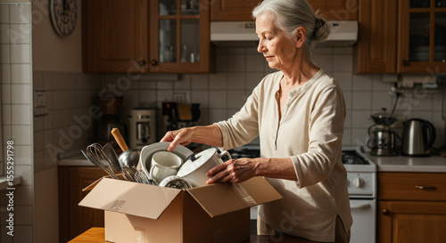 Elderly woman packing dishes into a cardboard box in a kitchen setting with cabinets and appliances