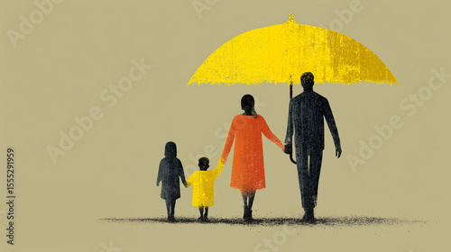 Family walking under a yellow umbrella symbolizing Human Rights Day  