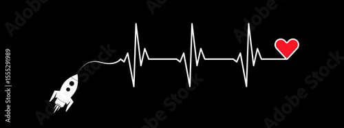 Abstract rocket spaceship, ekg shape route, red heart vector on black background. Creative medical science concept design to use for cardiology, healthcare business, love concept projects.