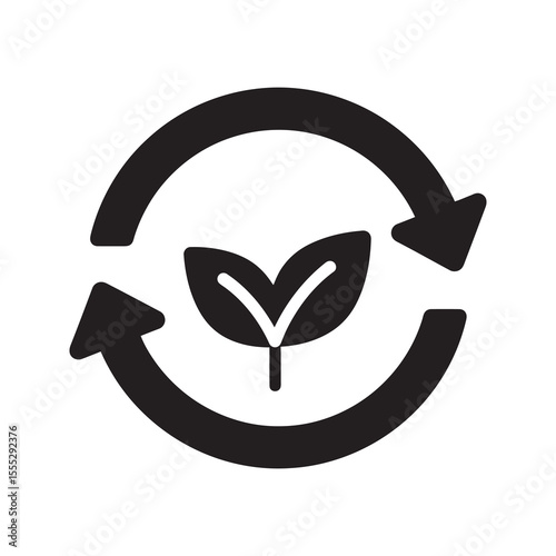 Sustainable process icon with a leaf inside a recycle symbol representing green technology an eco friendly business and environmental conservation vector solid glyph icon