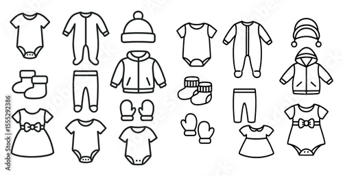 Collection of clothing items, such as a hat, a jacket, and a pair of mittens, are displayed in a black and white drawing
