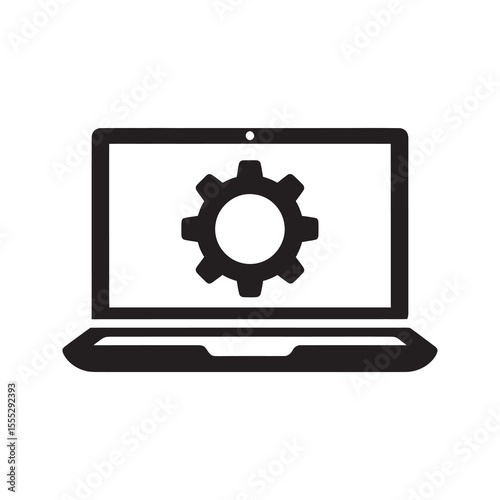 Laptop system settings icon with a gear on the screen representing computer configuration software installation and technical maintenance vector solid glyph icon