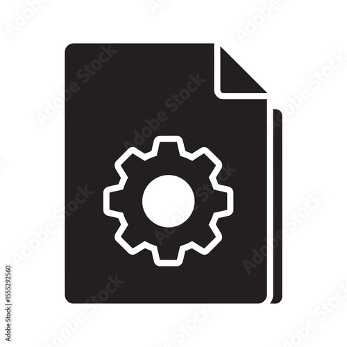 Process documentation icon with a gear on a file representing a technical manual a project instruction sheet and operational workflow guidelines vector solid glyph icon