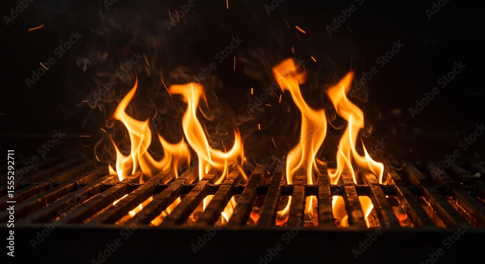 Obraz premium Fiery Flames Dancing Above Empty Grill Grates in Dramatic Low Light
