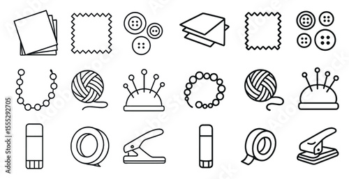 Collection of sewing and crafting tools and supplies. The image is a collection of various sewing and crafting tools and supplies, including needles, pins, scissors, and tape