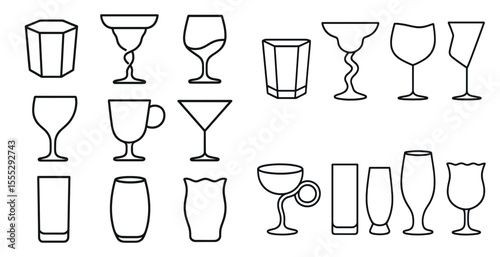 Set of 12 different shaped glasses, including a martini glass, a wine glass, and a shot glass