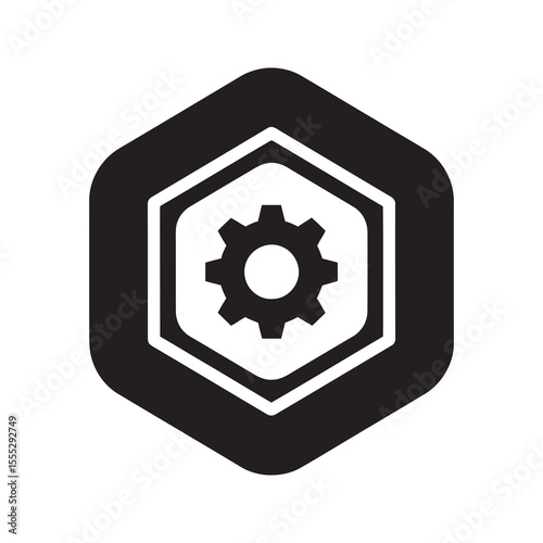 Technical module icon with a gear inside a hexagon representing a software component a system unit or a part of a larger project vector solid glyph icon