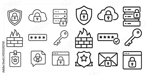 Set of icons for security and privacy. The icons include a key, a fire, a shield, and a star