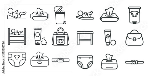 Set of icons for baby care items, including diapers, wipes, and a stroller. The icons are all in black and white and are arranged in a grid