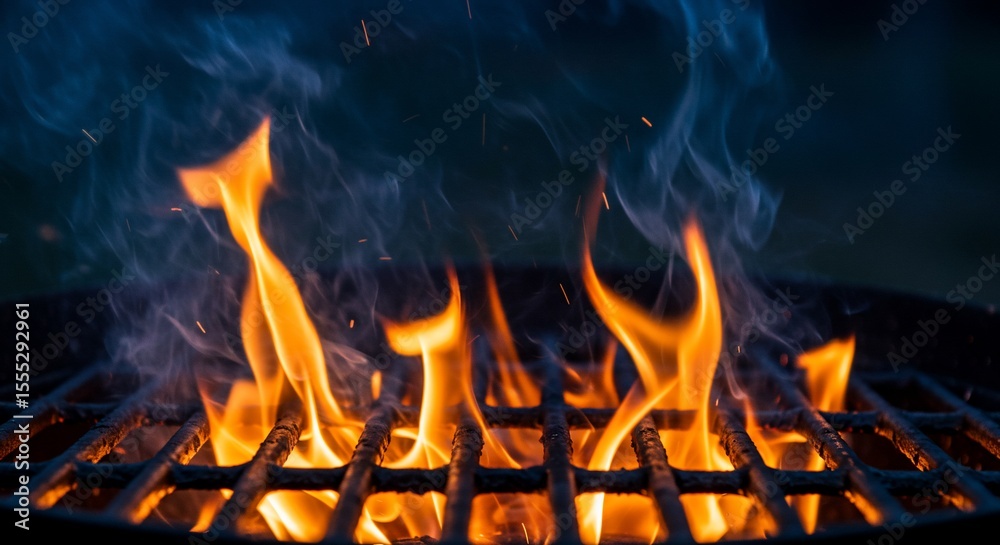 Fototapeta premium Fiery Flames Dancing Through Grill Grates at Dusk