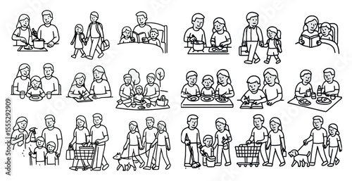 Series of black and white drawings of people doing various activities, such as walking, shopping, and eating. The mood of the images is lighthearted and playful, with a focus on everyday life