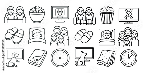 Series of images depicting various activities and objects related to daily life. The images include a person sleeping, a person watching television, a person eating popcorn, a person holding a dog