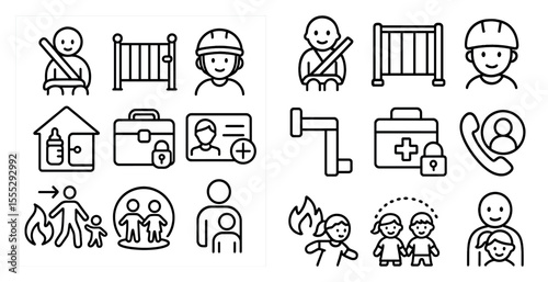 Set of icons for a children's safety guide. The icons include a car seat, a crib, a fire extinguisher, a first aid kit, a phone, and a house. The icons are all in black and white