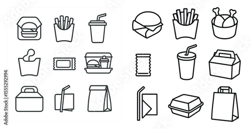 The image is of various food items and containers, including a sandwich, a hot dog, a cup, a box, and a tray