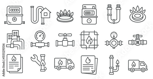 Collection of symbols and icons related to plumbing and gas. The symbols include a wrench, a fire hydrant, a gas meter, and a truck. Scene is serious and informative