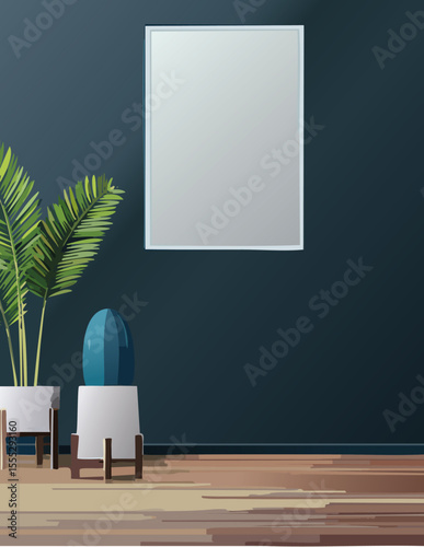 Mockup poster frame in minimalist interior background with dark wall.