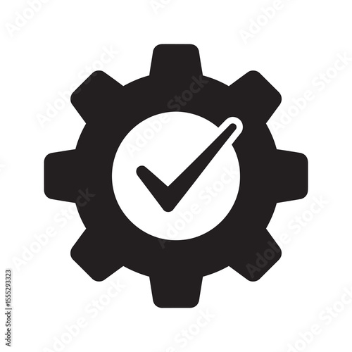 Task complete icon with a check mark inside a gear representing a finished process a quality approval and a successful system operation vector solid glyph icon